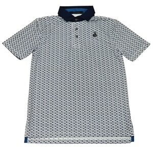 Greyson Polo Youth Large White Navy All Over Script Golf Shirt Wolf Logo